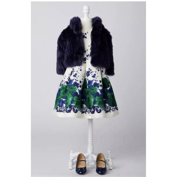 Janie & Jack Floral Dress Sz 3 Satin Ivory Blue & Green Formal Occasion Holiday - Picture 3 of 12